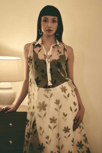 Atbw_White Silk Satin Button-down Neck Floral Pattern Sheer Dress _Online_at_Aza_Fashions