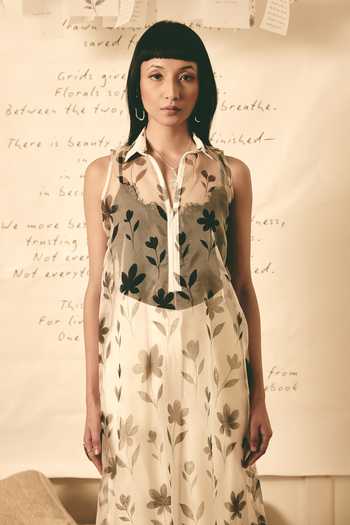 Buy_Atbw_White Silk Satin Button-down Neck Floral Pattern Sheer Dress _Online_at_Aza_Fashions