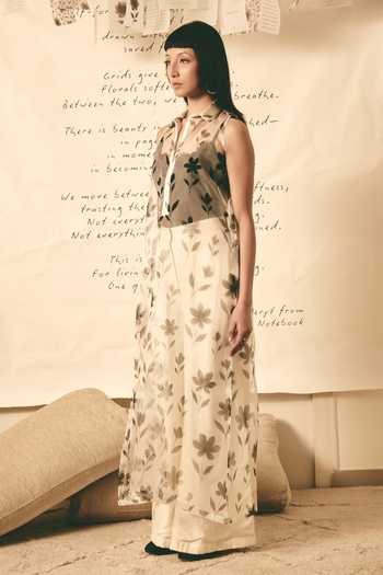 Shop_Atbw_White Silk Satin Button-down Neck Floral Pattern Sheer Dress _Online_at_Aza_Fashions