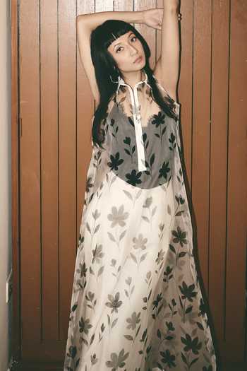 Atbw_White Silk Satin Button-down Neck Floral Pattern Sheer Dress _at_Aza_Fashions