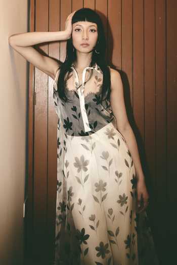Buy_Atbw_White Silk Satin Button-down Neck Floral Pattern Sheer Dress 