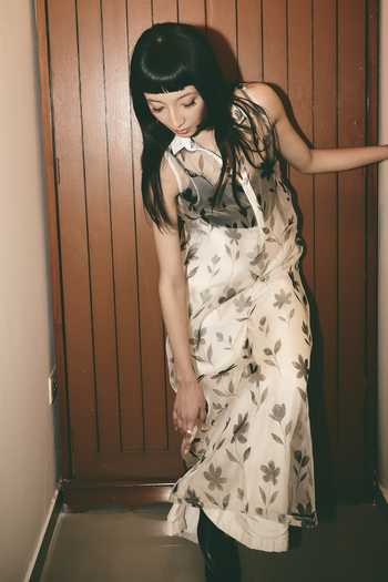 Shop_Atbw_White Silk Satin Button-down Neck Floral Pattern Sheer Dress 