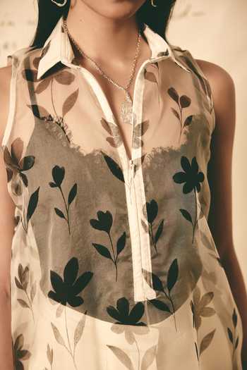Atbw_White Silk Satin Button-down Neck Floral Pattern Sheer Dress _Online