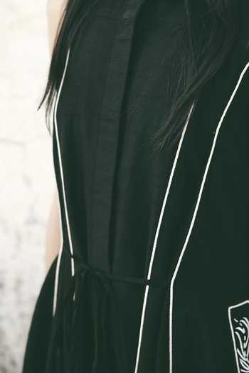 Buy_Atbw_Black Silk Satin Collared Neck Linear Detailing Dress _Online_at_Aza_Fashions