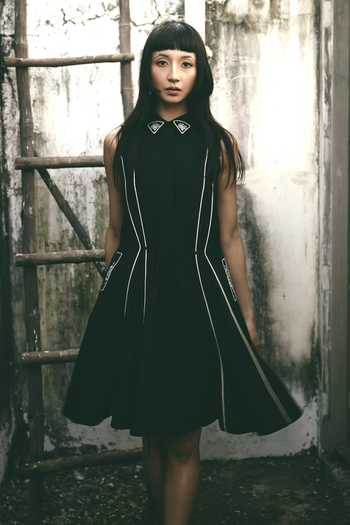 Shop_Atbw_Black Silk Satin Collared Neck Linear Detailing Dress _Online_at_Aza_Fashions