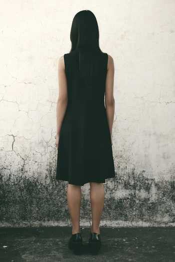 Shop_Atbw_Black Silk Satin Collared Neck Linear Detailing Dress _at_Aza_Fashions