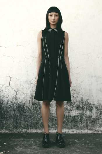 Shop_Atbw_Black Silk Satin Collared Neck Linear Detailing Dress 
