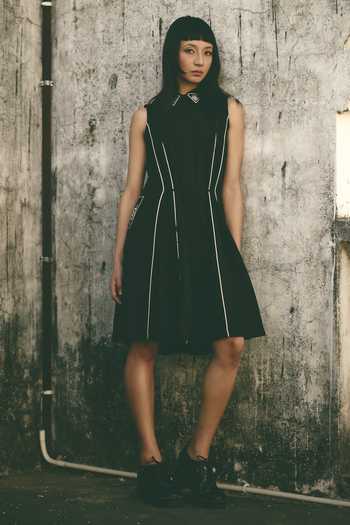Buy_Atbw_Black Silk Satin Collared Neck Linear Detailing Dress _at_Aza_Fashions