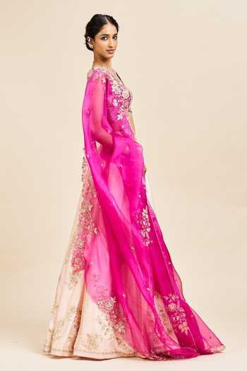 Issa Studio By Chetana & Swathi_Pink Silk Sweetheart Neck Anjala Zardozi Embroidered Lehenga Set _Online_at_Aza_Fashions