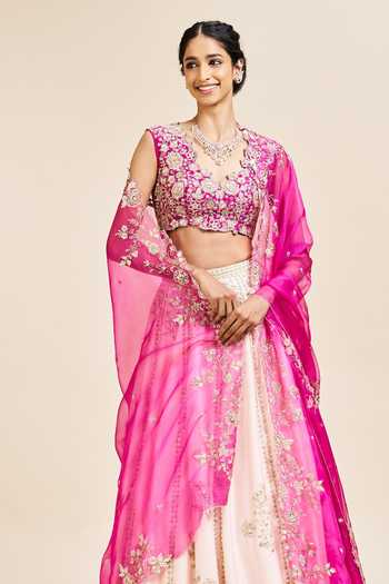 Issa Studio By Chetana & Swathi_Pink Silk Sweetheart Neck Anjala Zardozi Embroidered Lehenga Set _at_Aza_Fashions
