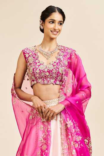 Buy_Issa Studio By Chetana & Swathi_Pink Silk Sweetheart Neck Anjala Zardozi Embroidered Lehenga Set 