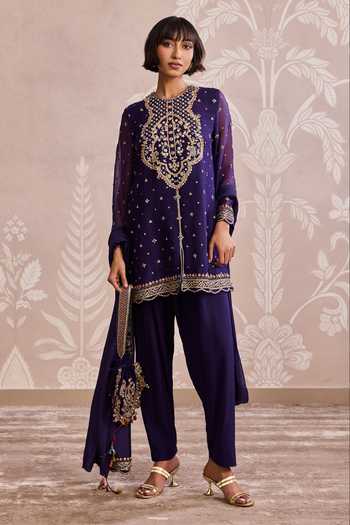Buy_Ridhi Mehra_Purple Organza, Silk Round Neck Embroidered Kurta Salwar Set _at_Aza_Fashions