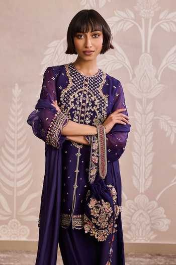 Buy_Ridhi Mehra_Purple Organza, Silk Round Neck Embroidered Kurta Salwar Set _Online_at_Aza_Fashions