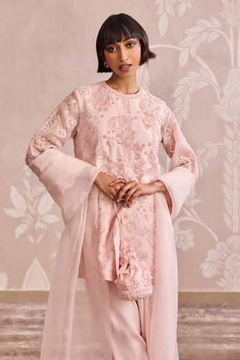 Ridhi Mehra_Pink Organza, Silk Round Neck Embroidered Kurta Set _Online_at_Aza_Fashions