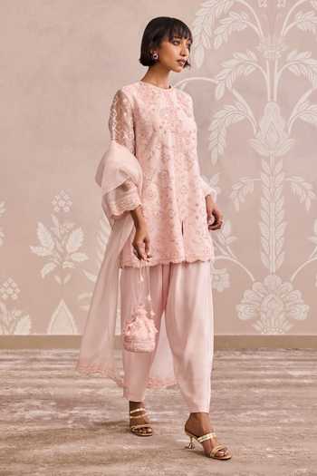 Buy_Ridhi Mehra_Pink Organza, Silk Round Neck Embroidered Kurta Set _Online_at_Aza_Fashions