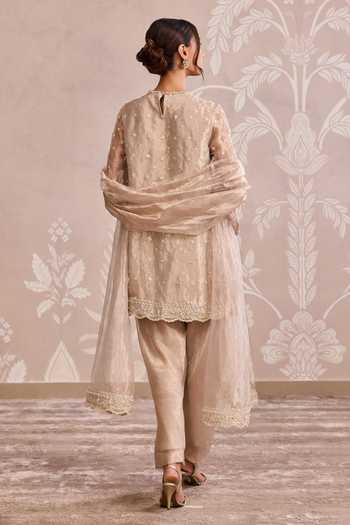 Shop_Ridhi Mehra_Gold Tissue Round Neck Embroidered Kurta Set _at_Aza_Fashions