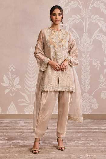 Buy_Ridhi Mehra_Gold Tissue Round Neck Embroidered Kurta Set _at_Aza_Fashions