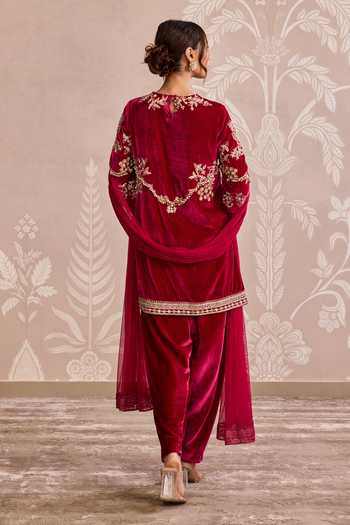 Shop_Ridhi Mehra_Maroon Velvet, Net Round Neck, Yes Embroidered Kurta Set _at_Aza_Fashions