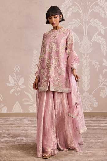Shop_Ridhi Mehra_Pink Tissue Round Neck Embroidered Kurta Sharara Set _Online_at_Aza_Fashions