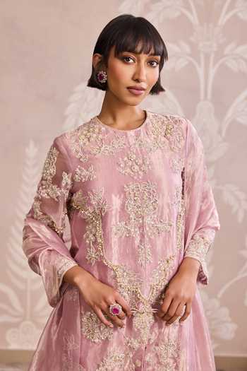 Ridhi Mehra_Pink Tissue Round Neck Embroidered Kurta Sharara Set _at_Aza_Fashions