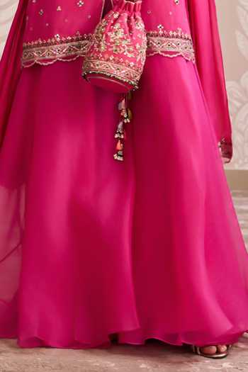 Ridhi Mehra_Fuchsia Organza, Silk Round Neck Embroidered Kurta Set _Online_at_Aza_Fashions