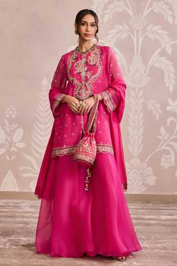 Buy_Ridhi Mehra_Fuchsia Organza, Silk Round Neck Embroidered Kurta Set _Online_at_Aza_Fashions