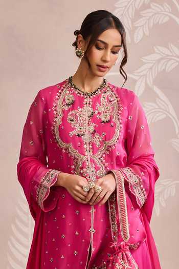 Shop_Ridhi Mehra_Fuchsia Organza, Silk Round Neck Embroidered Kurta Set _Online_at_Aza_Fashions