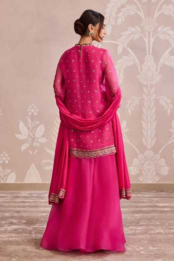 Shop_Ridhi Mehra_Fuchsia Organza, Silk Round Neck Embroidered Kurta Set _at_Aza_Fashions