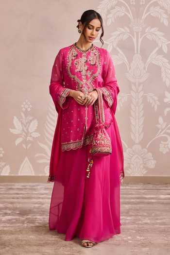 Buy_Ridhi Mehra_Fuchsia Organza, Silk Round Neck Embroidered Kurta Set _at_Aza_Fashions