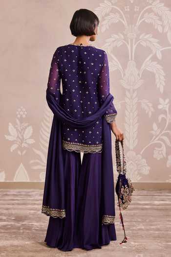 Shop_Ridhi Mehra_Purple Organza, Silk Round Neck, Yes Embroidered Kurta Gharara Set _at_Aza_Fashions
