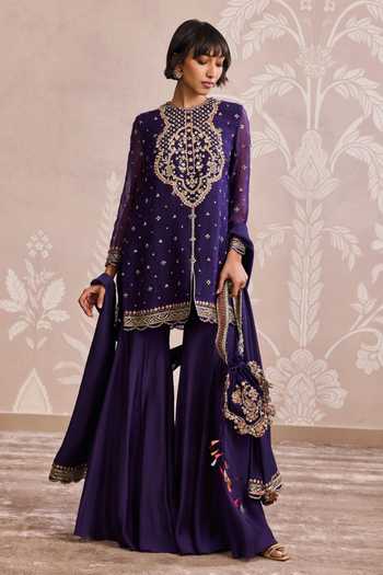 Buy_Ridhi Mehra_Purple Organza, Silk Round Neck, Yes Embroidered Kurta Gharara Set _at_Aza_Fashions