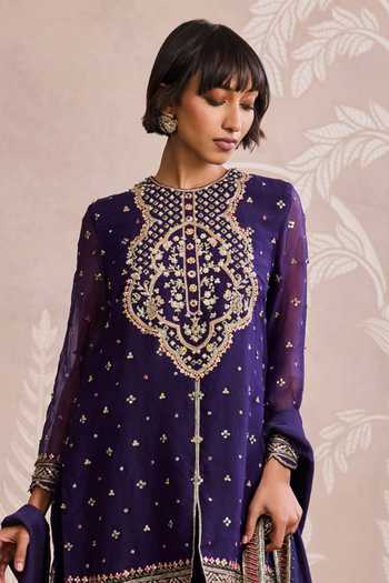 Buy_Ridhi Mehra_Purple Organza, Silk Round Neck, Yes Embroidered Kurta Gharara Set _Online_at_Aza_Fashions