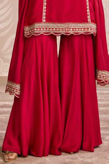 Ridhi Mehra_Red Organza, Silk Round Neck, Yes Placement Embroidered Kurta Gharara Set _Online_at_Aza_Fashions