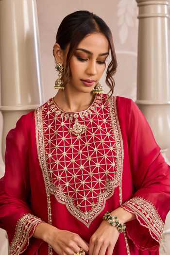Buy_Ridhi Mehra_Red Organza, Silk Round Neck, Yes Placement Embroidered Kurta Gharara Set _Online_at_Aza_Fashions