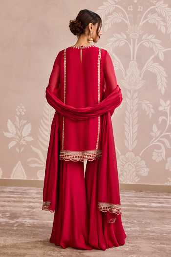 Shop_Ridhi Mehra_Red Organza, Silk Round Neck, Yes Placement Embroidered Kurta Gharara Set _at_Aza_Fashions