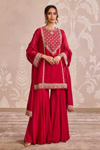 Buy_Ridhi Mehra_Red Organza, Silk Round Neck, Yes Placement Embroidered Kurta Gharara Set _at_Aza_Fashions