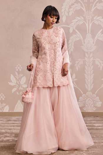 Ridhi Mehra_Pink Organza Round Neck, Yes Embroidered Straight Kurta Sharara Set _Online_at_Aza_Fashions