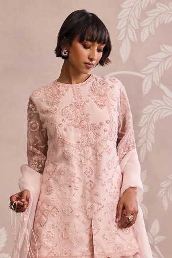 Buy_Ridhi Mehra_Pink Organza Round Neck, Yes Embroidered Straight Kurta Sharara Set _Online_at_Aza_Fashions