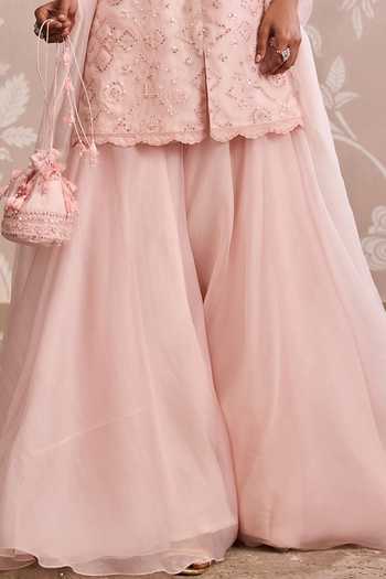 Shop_Ridhi Mehra_Pink Organza Round Neck, Yes Embroidered Straight Kurta Sharara Set _Online_at_Aza_Fashions
