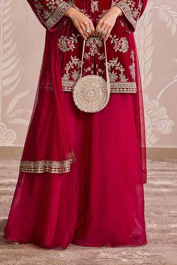 Buy_Ridhi Mehra_Fuchsia Velvet, Organza, Net Round Neck, Yes Embroidered Kurta Set _Online_at_Aza_Fashions