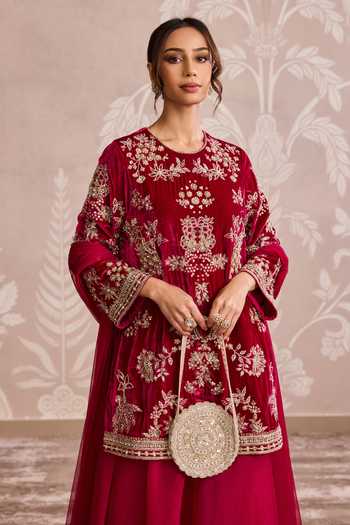 Shop_Ridhi Mehra_Fuchsia Velvet, Organza, Net Round Neck, Yes Embroidered Kurta Set _Online_at_Aza_Fashions