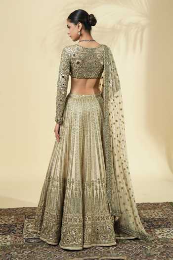 Shop_Arpita Mehta_Beige Net, Silk Sweetheart Neck Embroidered Blouse Lehenga Set _at_Aza_Fashions