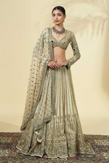 Arpita Mehta_Beige Net, Silk Sweetheart Neck Embroidered Blouse Lehenga Set _Online_at_Aza_Fashions