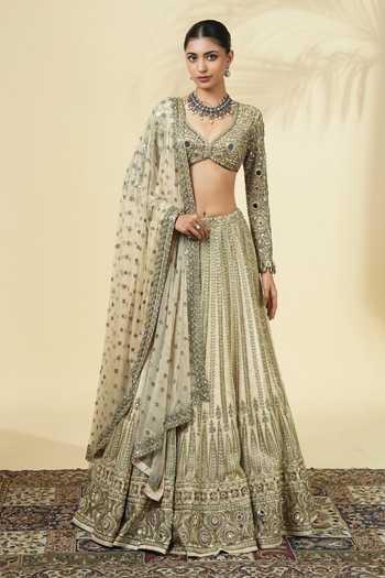 Buy_Arpita Mehta_Beige Net, Silk Sweetheart Neck Embroidered Blouse Lehenga Set _at_Aza_Fashions