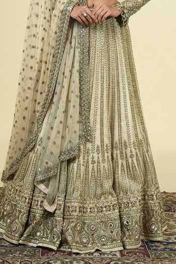 Buy_Arpita Mehta_Beige Net, Silk Sweetheart Neck Embroidered Blouse Lehenga Set _Online_at_Aza_Fashions