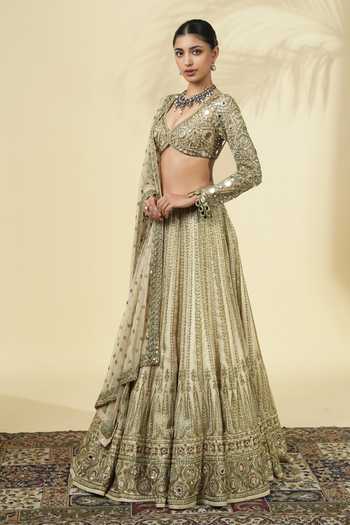 Shop_Arpita Mehta_Beige Net, Silk Sweetheart Neck Embroidered Blouse Lehenga Set _Online_at_Aza_Fashions