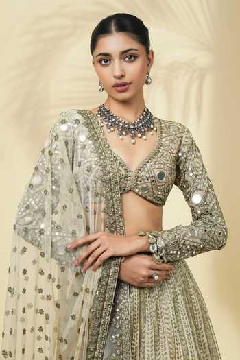 Arpita Mehta_Beige Net, Silk Sweetheart Neck Embroidered Blouse Lehenga Set _at_Aza_Fashions