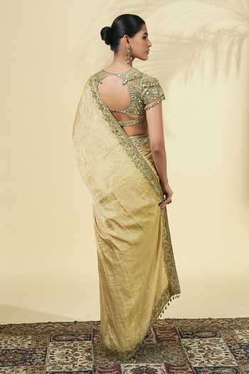 Shop_Arpita Mehta_Gold Silk, Tissue, Net V-neck Saree With Embroidered Blouse _at_Aza_Fashions