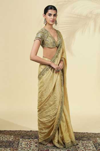Arpita Mehta_Gold Silk, Tissue, Net V-neck Saree With Embroidered Blouse _Online_at_Aza_Fashions