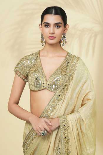 Buy_Arpita Mehta_Gold Silk, Tissue, Net V-neck Saree With Embroidered Blouse _Online_at_Aza_Fashions